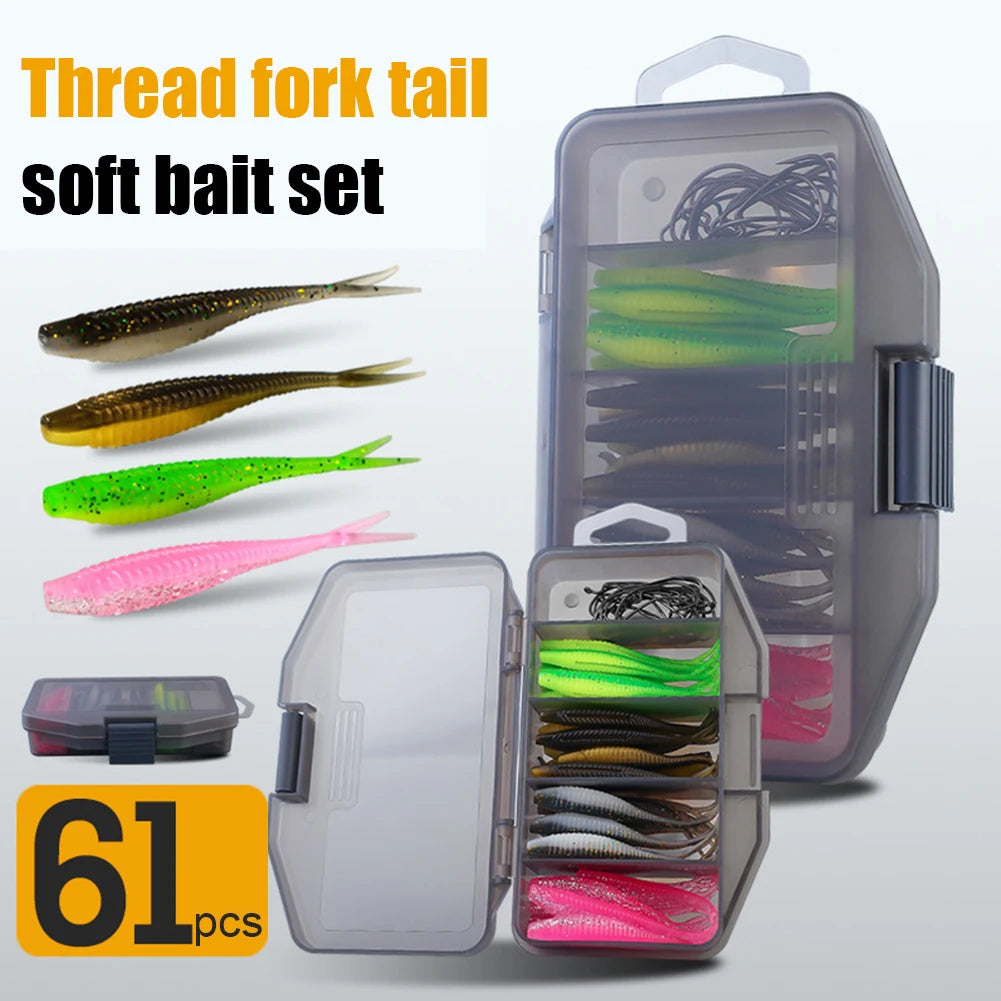 61pcs/set Artificial Lure Hook Fork Tail Wobbler Bait Hook Gear Tools with Storage Box Soft Lightweight Outdoor Fishing Tackle