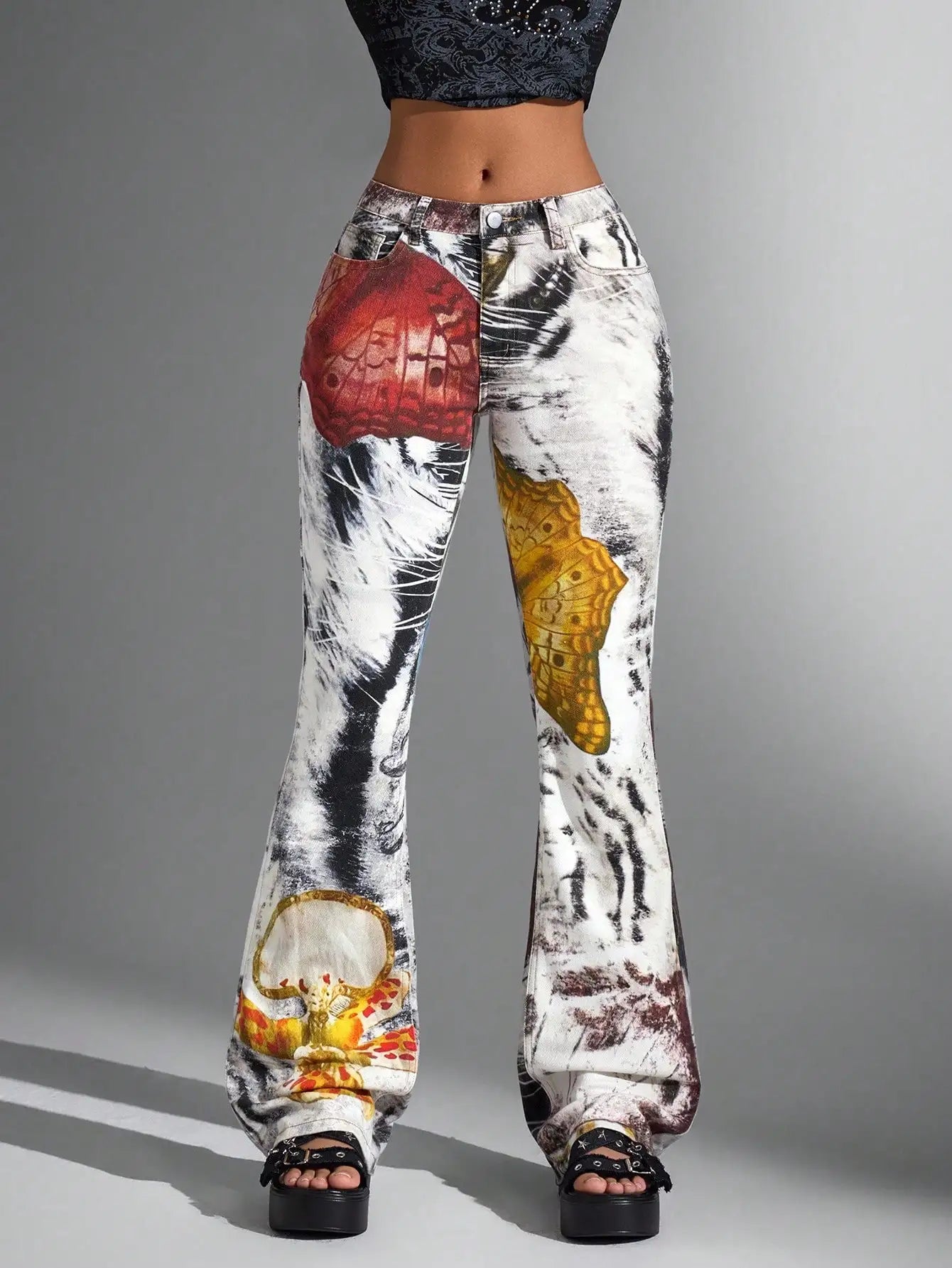Y2K Butterfly Print Flared Denim Jeans Vintage Streetwear Graphic Pants