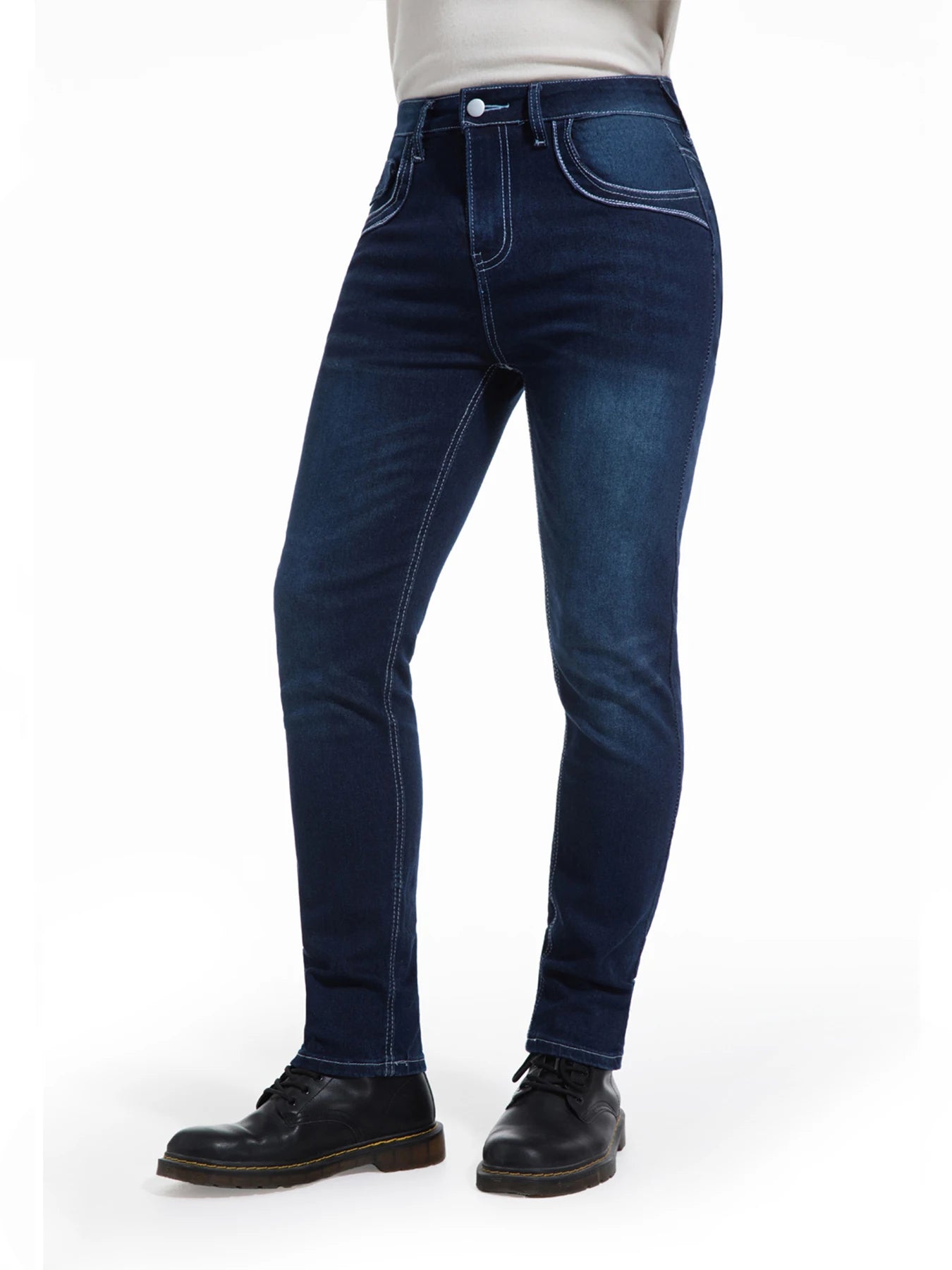 Men's deep blue elastic embroidered casual stretch jeans, street style, solid color,