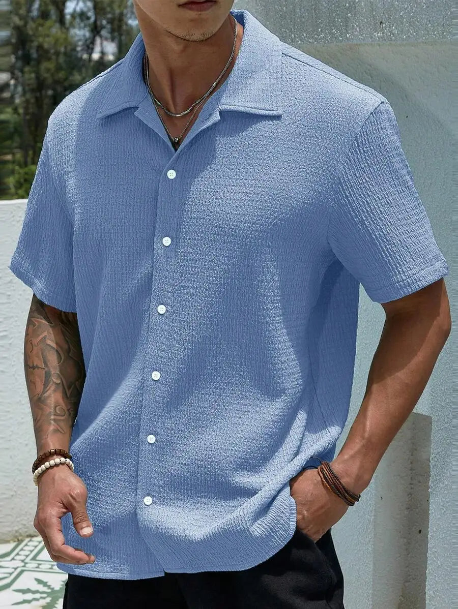 Men's Textured Knit Short Sleeve Button-Front Shirt, Loose Fit