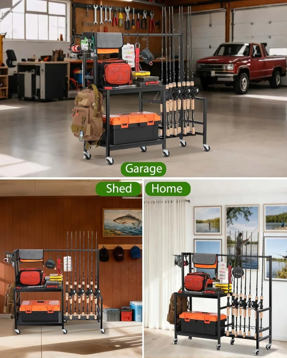 Fishing Rod Holder Holds Up to 16 Rods, Heavy Duty Rolling Cart with Wheels, Fishing Equipment Storage