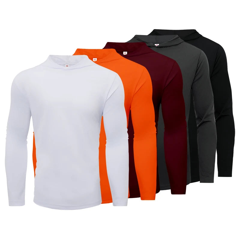 5pcs Men's T-shirt Sports Long Sleeved Shirts Hooded Solid Color Breathable Casual Shirt Suitable