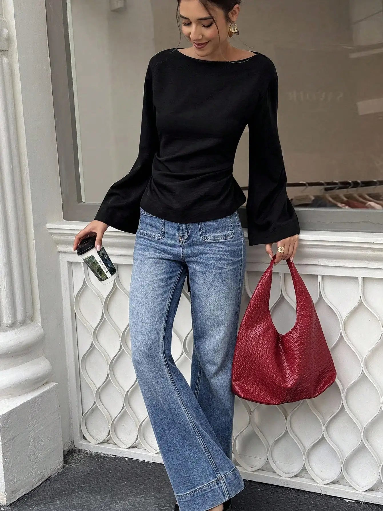 Women's Solid Black Waist-Cinched Flare Sleeve Blouse for Autumn
