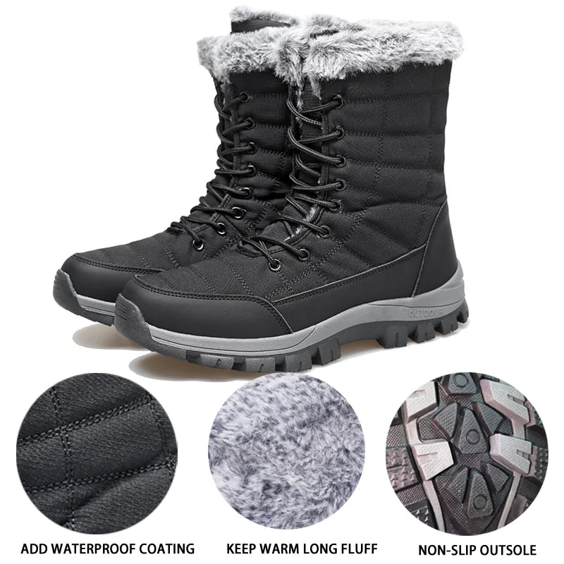 Winter Men's Snow Boots Warm Plush Anti slip Hiking Boots Women's Mid length Boots Couple