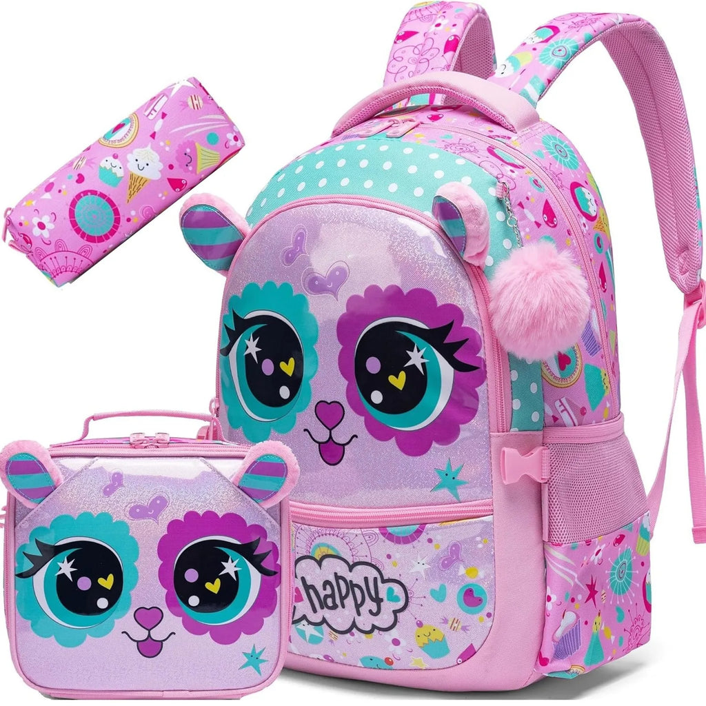 3PCS School Backpack for Kids Cute Animal Print Backpack with Lunch Bag Large Capacity Lightweight Bookbag
