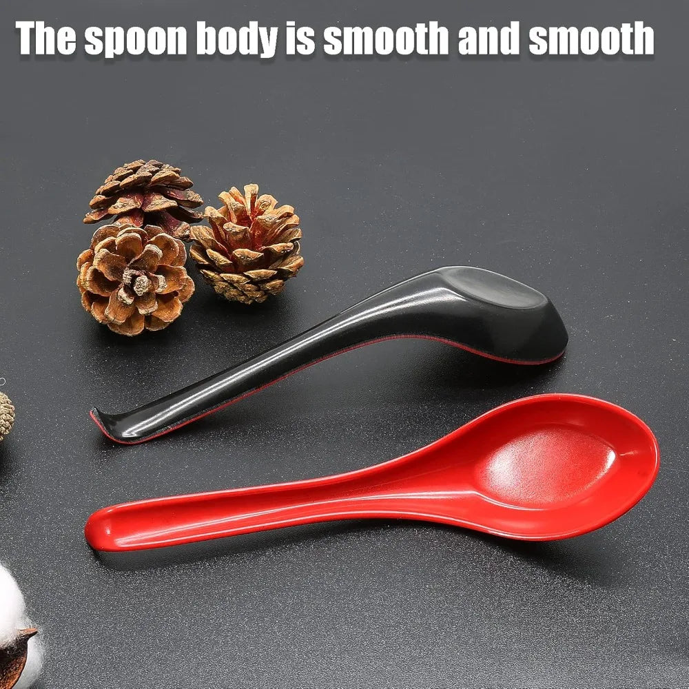 2PCS Wonton Soup Spoons, Chinese Japanese Miso Ramen Dumpling Pho Rice Noodle Soba Soup Spoons, Red and Black Melamine Spoons