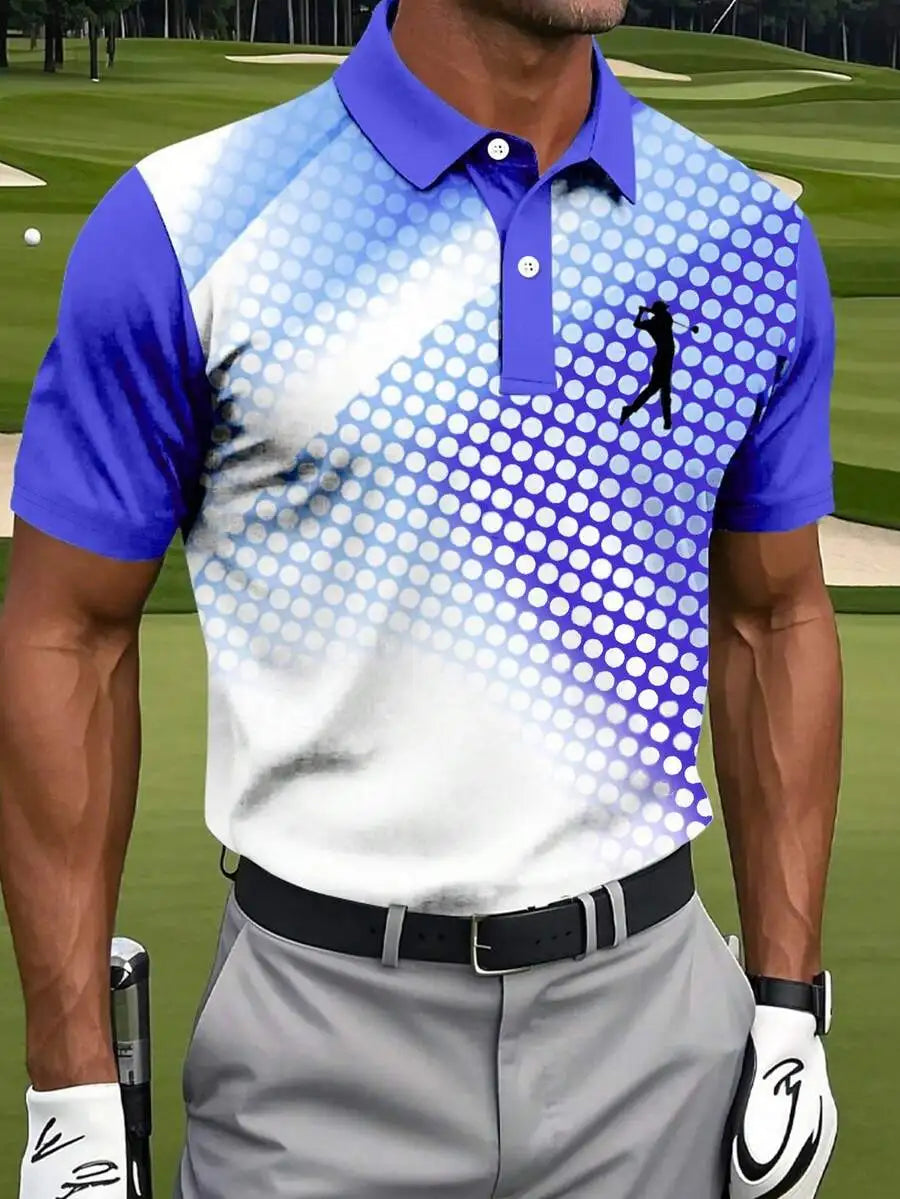 Men's Blue Gradient Polka Dot Golf Polo Shirt, Short Sleeve, Casual Sportswear