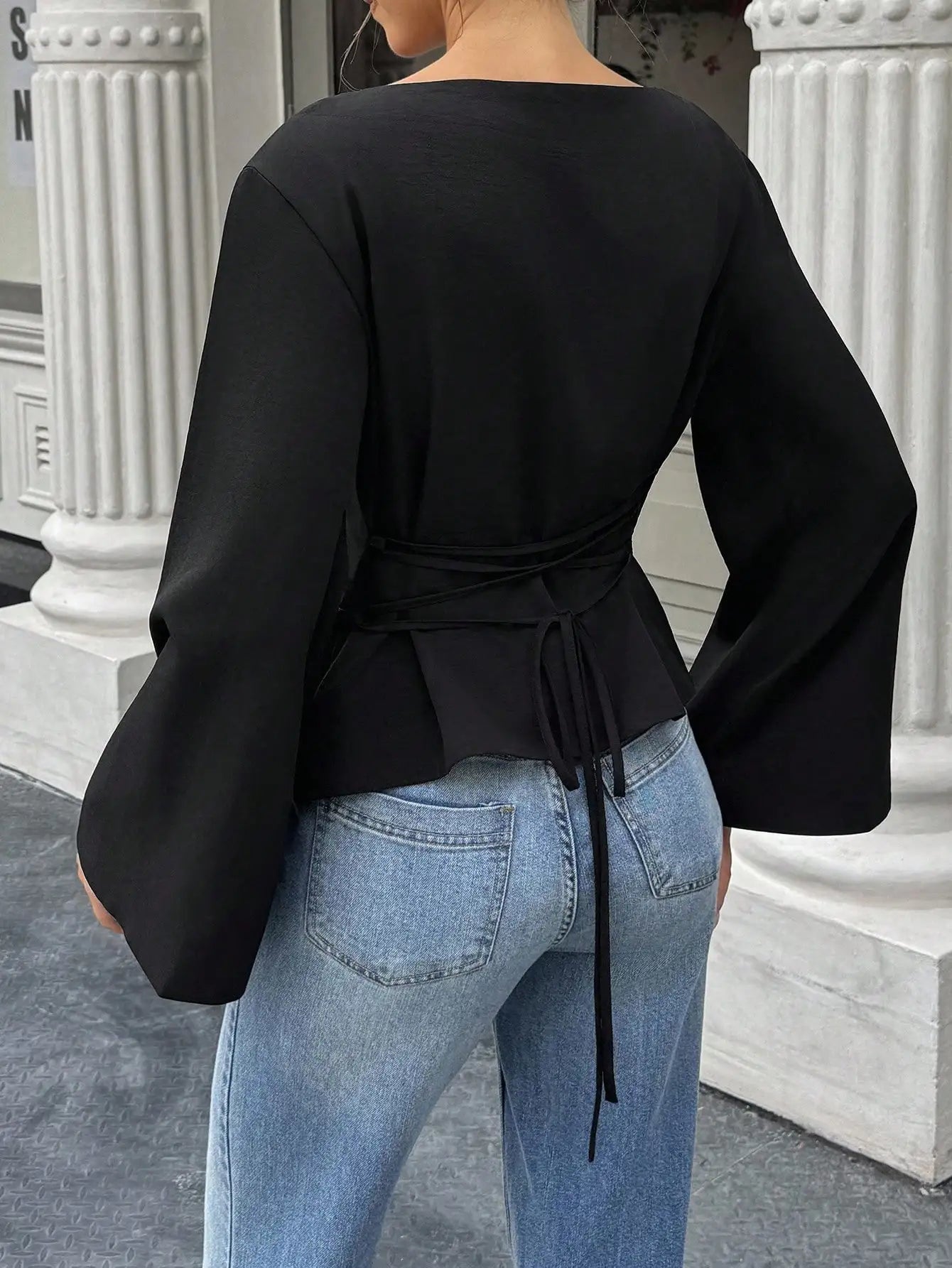 Women's Solid Black Waist-Cinched Flare Sleeve Blouse for Autumn