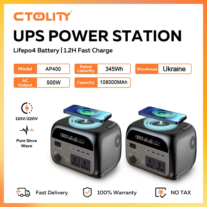 CTOLITY 500W+500W Portable Power Station 345.6Wh Solar Generator LiFePo4 Battery 220V AC Emergency Batteries