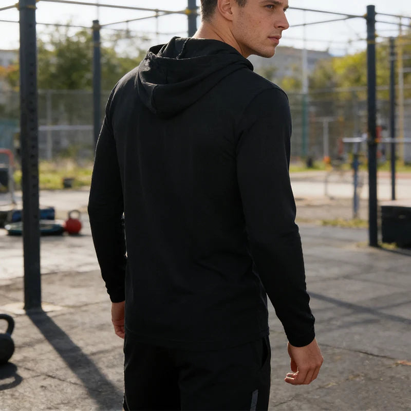 5pcs Men's T-shirt Sports Long Sleeved Shirts Hooded Solid Color Breathable Casual Shirt Suitable