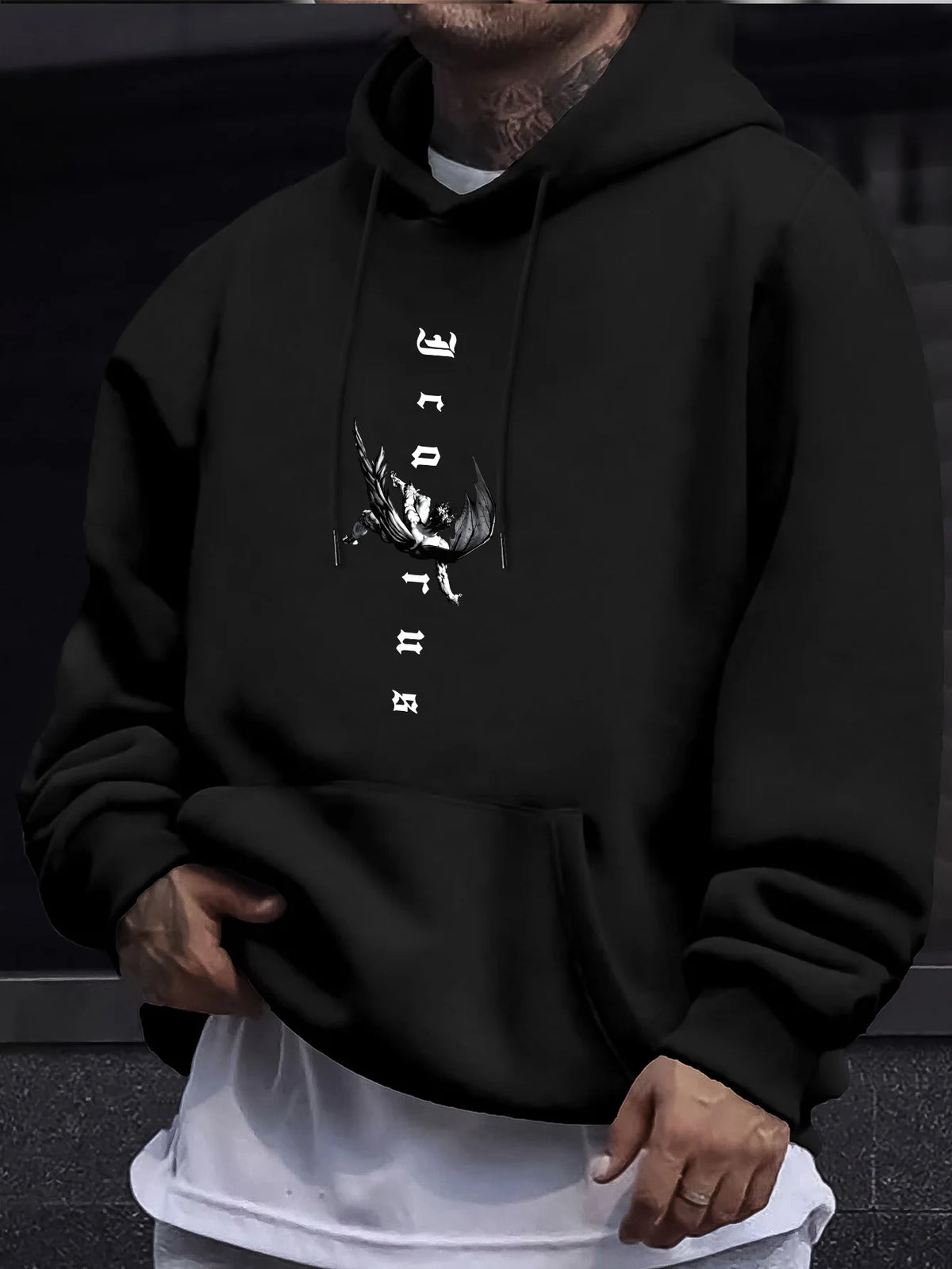 Men's Gothic Angel & Tarot Print Hooded Sweatshirt - Longr, Machine /Fall Layering (Tarot Card Design, Regular Fit)