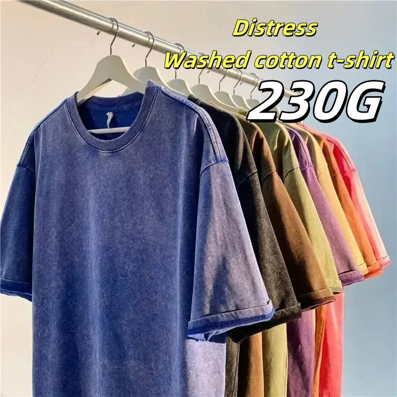 American Style Retro Heavyweight Solid Color Short Sleeved T-shirt Men Women Summer Street Trendy Washed Old Oversized Clothes
