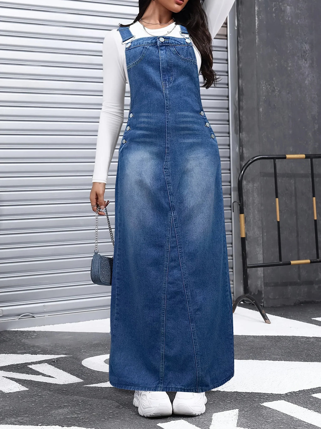 Trend Women's Denim Overalls Skirt Jean Skirts Detachable Shoulder Straps Long Skirt Suitable