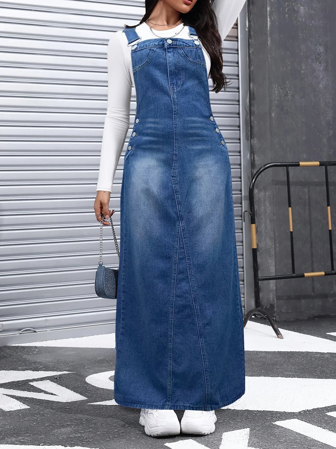 Trend Women's Denim Overalls Skirt Jean Skirts Detachable Shoulder Straps Long Skirt Suitable
