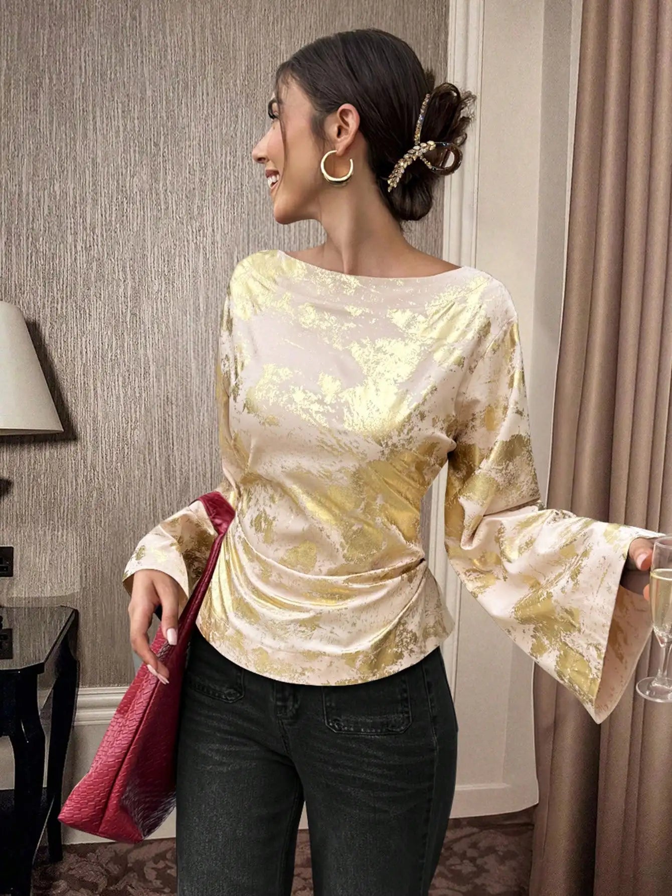 Women's Solid Black Waist-Cinched Flare Sleeve Blouse for Autumn