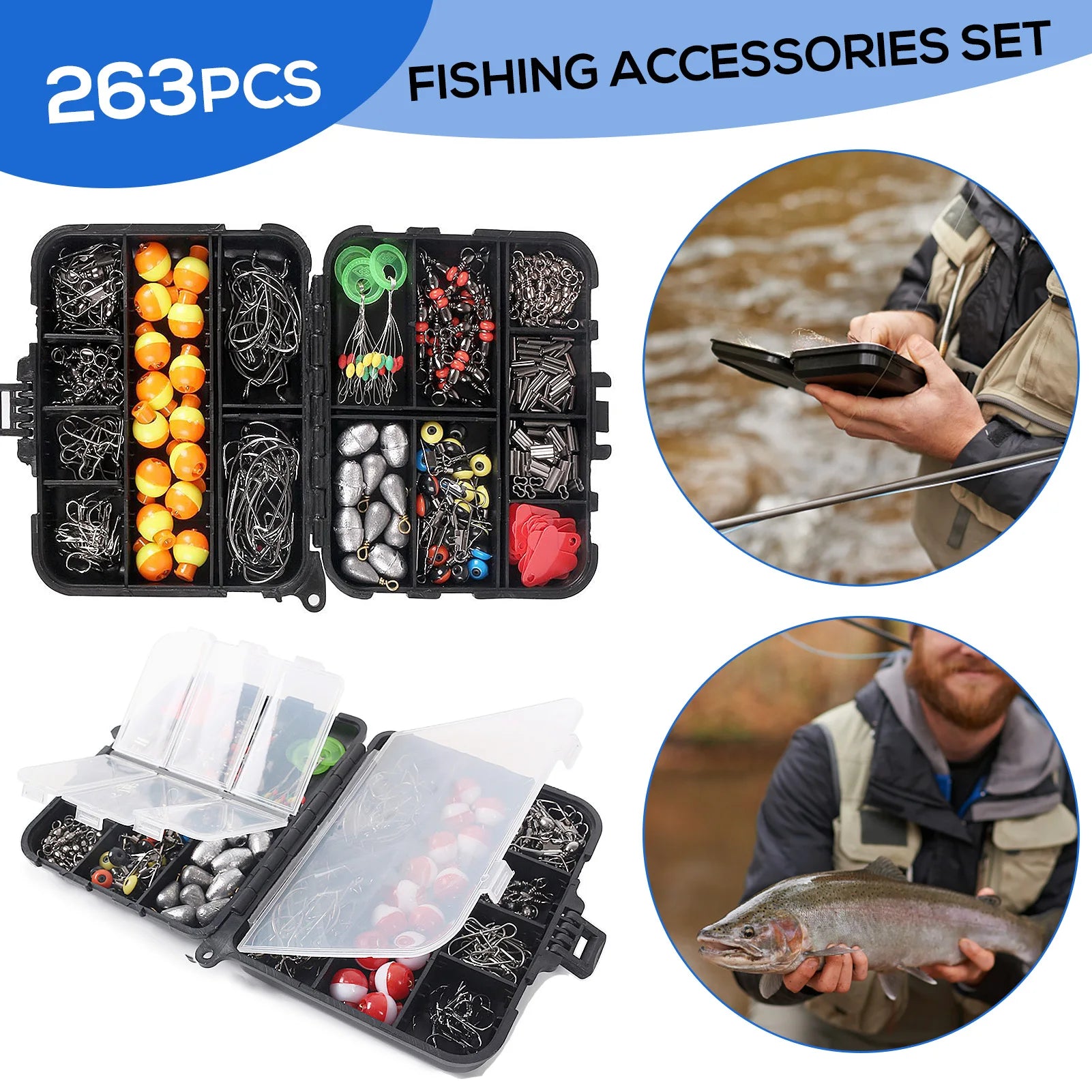 263pcs Fishing Accessories Set with Plier Jig Hooks Sinker Weight Swivels Snaps Sinker Slides