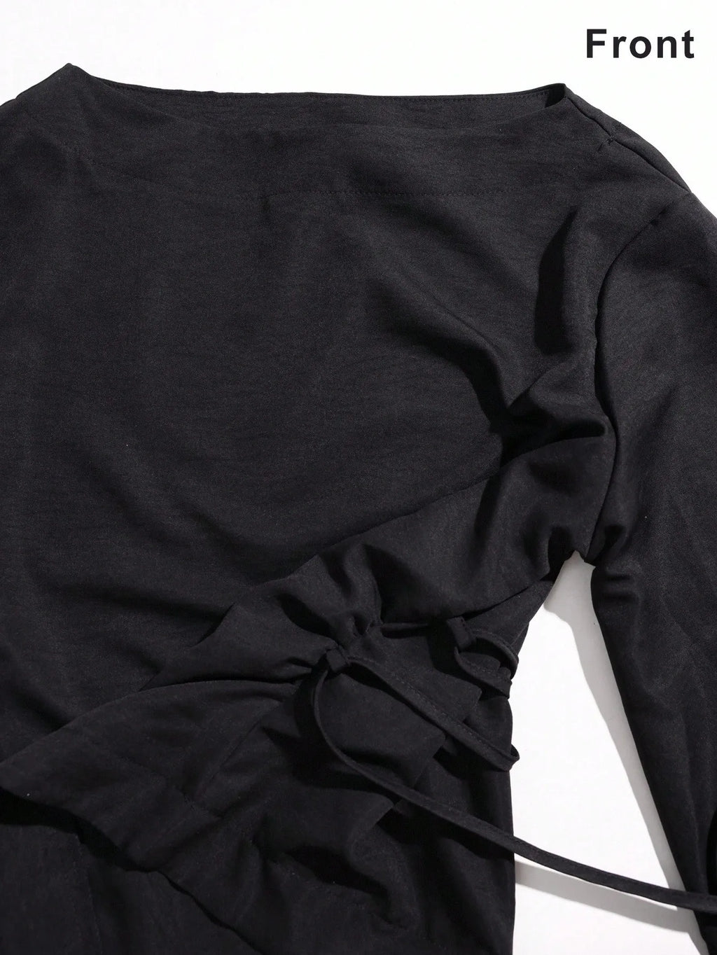 Women's Solid Black Waist-Cinched Flare Sleeve Blouse for Autumn