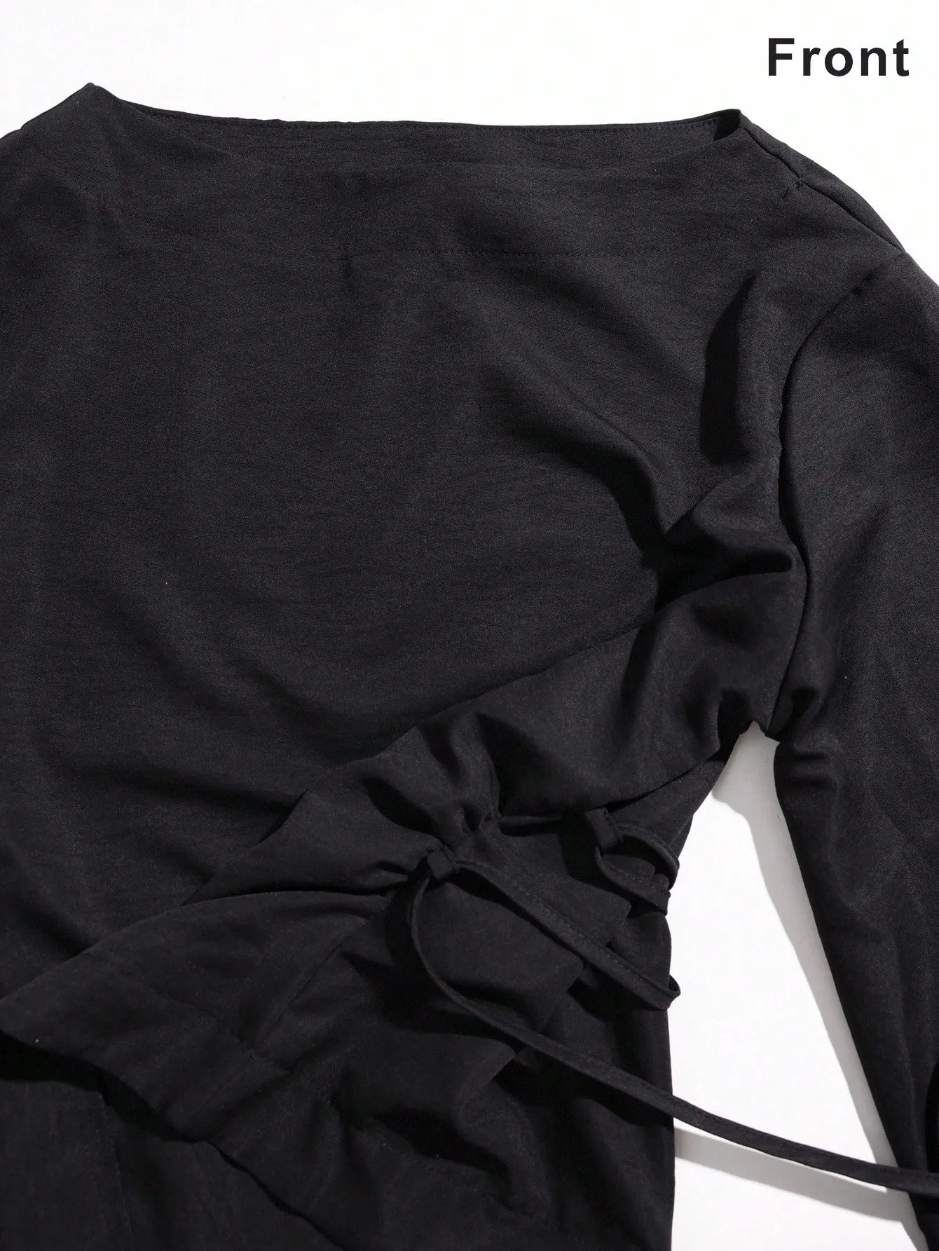 Women's Solid Black Waist-Cinched Flare Sleeve Blouse for Autumn