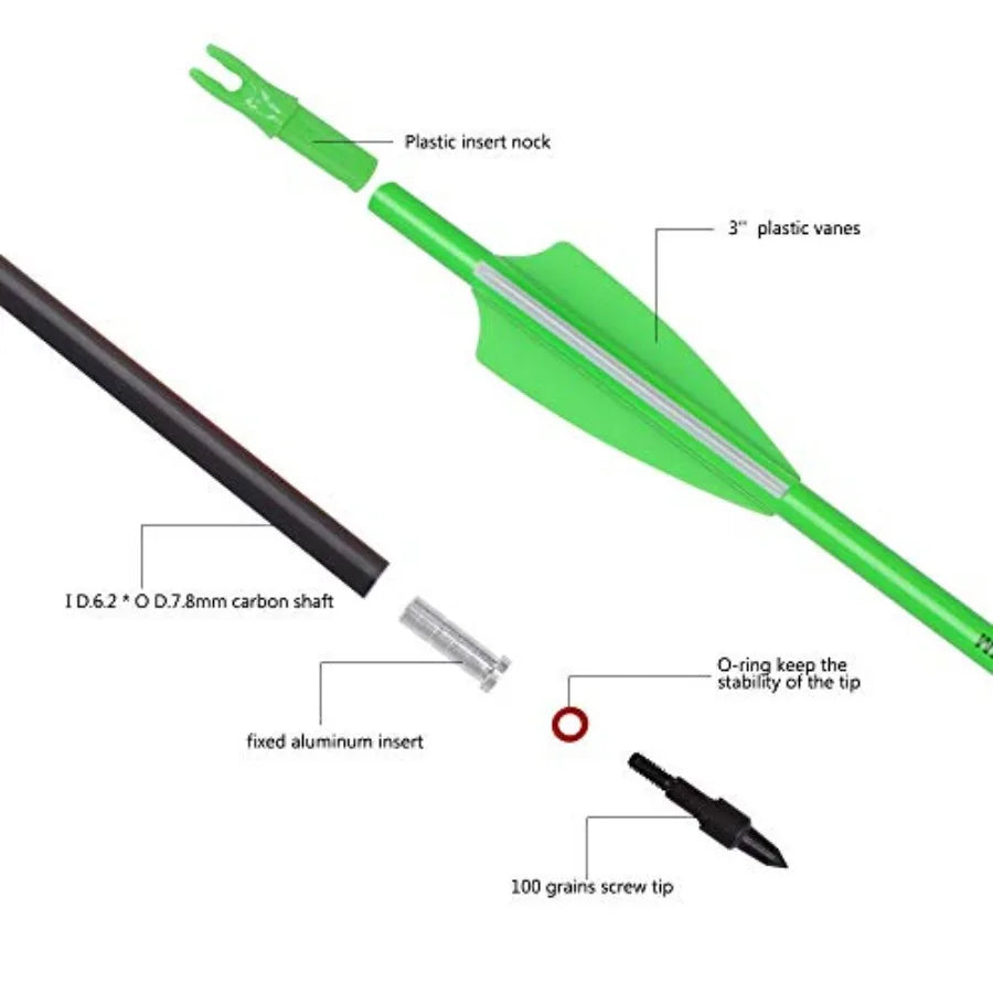 Carbon Arrows 28-30 Inch Fluorescent for Compound and Recurve Bows with 100 Grain Removable Tips