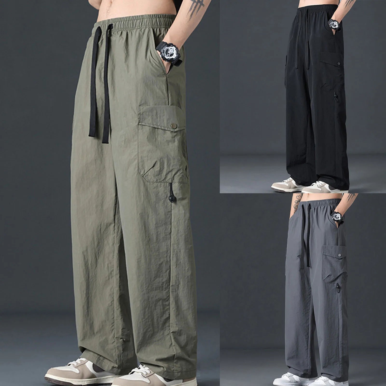Men's Straight Leg Cargo Pants Breathable Elastic Waist Drawstring Pocket Wide Leg Pants