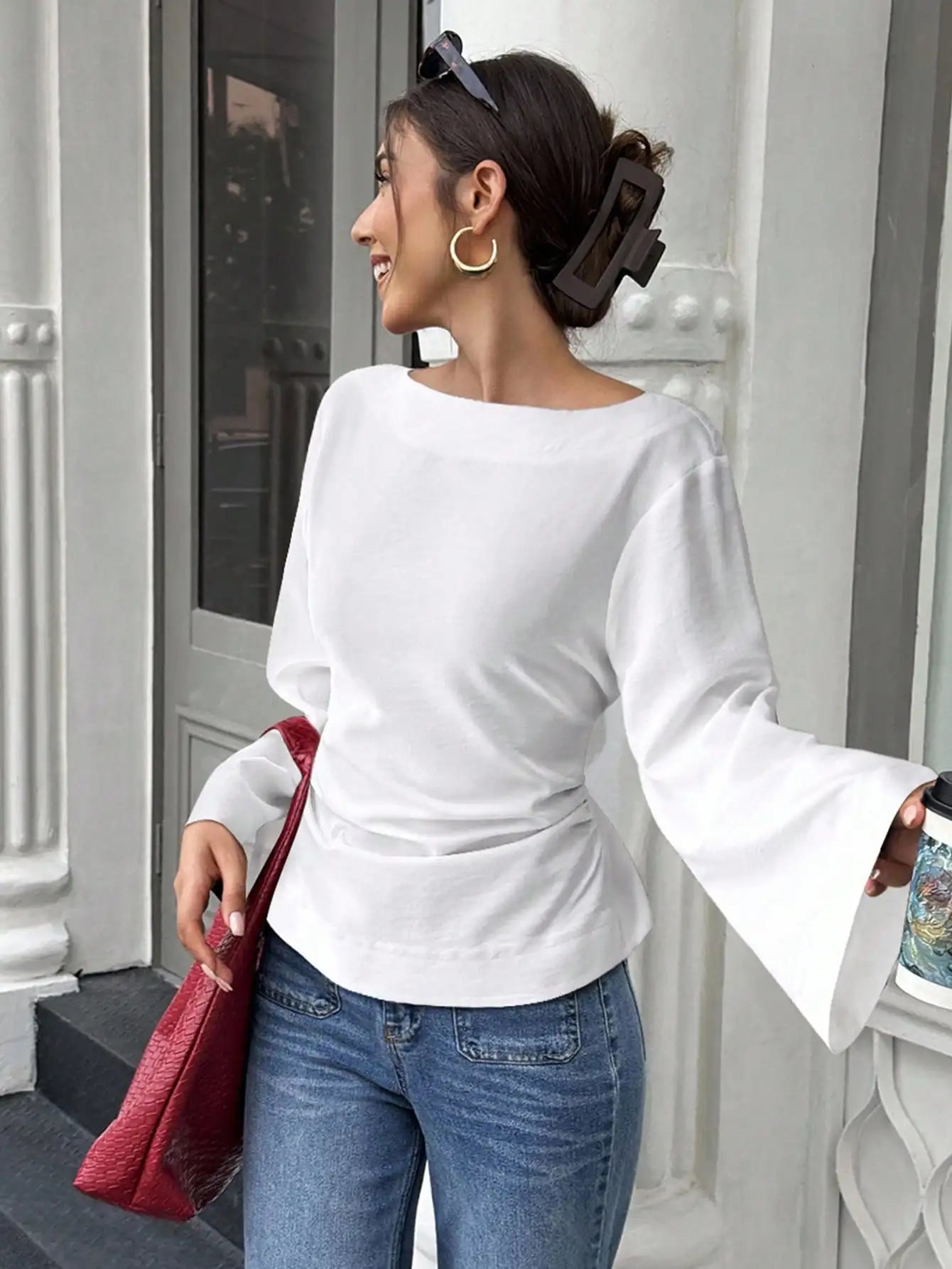 Women's Solid Black Waist-Cinched Flare Sleeve Blouse for Autumn