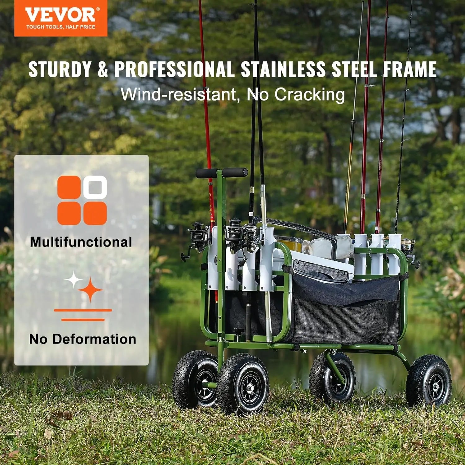 Fishing Cart, 300 lbs Load Capacity, Foldable Fish and with Four 11" Big Wheels Rubber Balloon Tires,