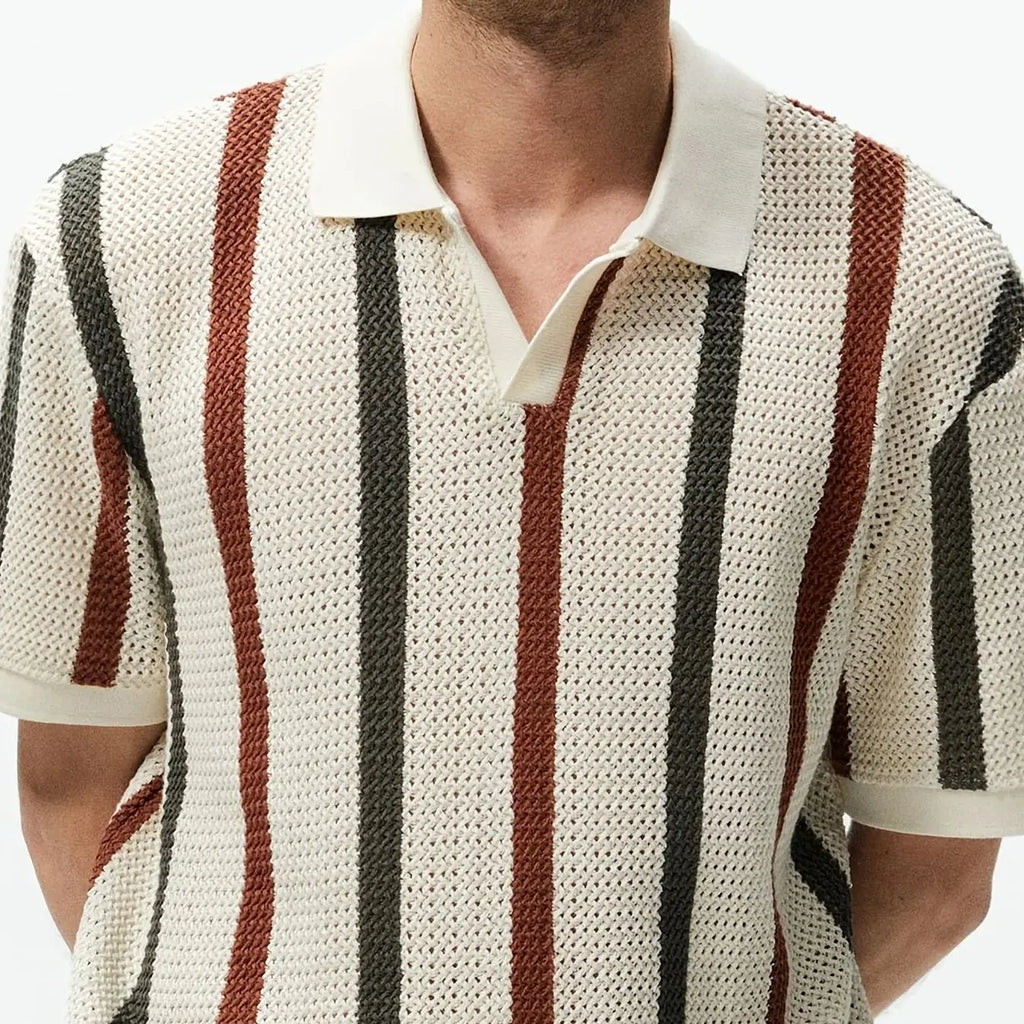 Men's Summer Chunky Knit Short-Sleeve Polo Shirt With Stripes And Contrast Colors, Casual Wear For Daily Outings