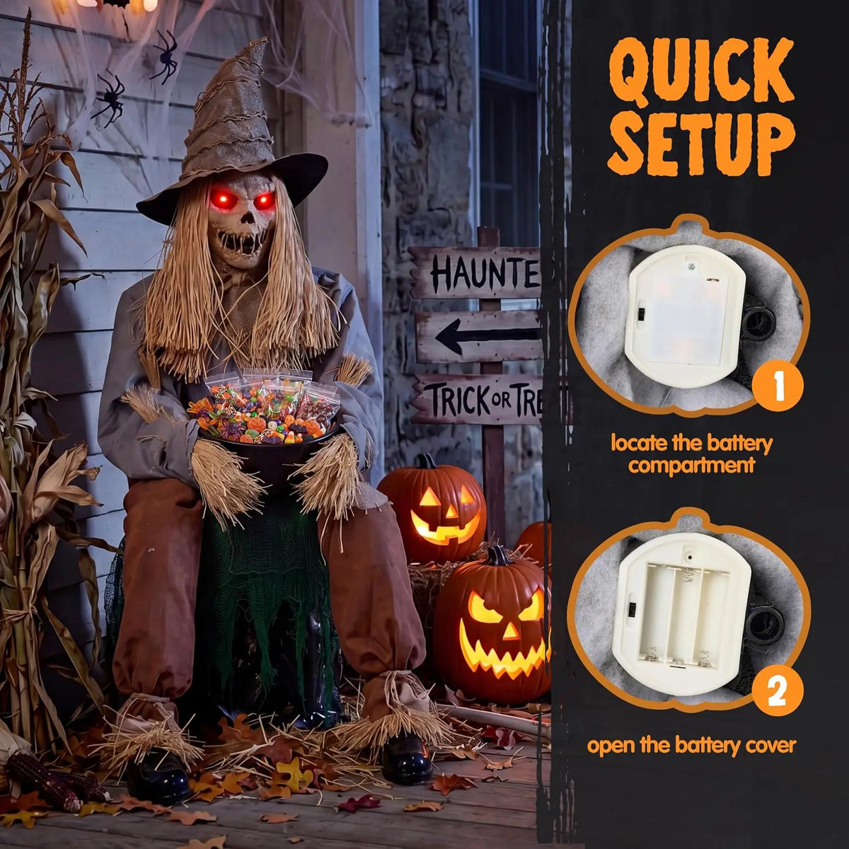 49" Halloween Animatronic Sitting Scarecrow, Halloween Sound Activated Jump Scare Prop with LED Eyes, Spooky Sounds