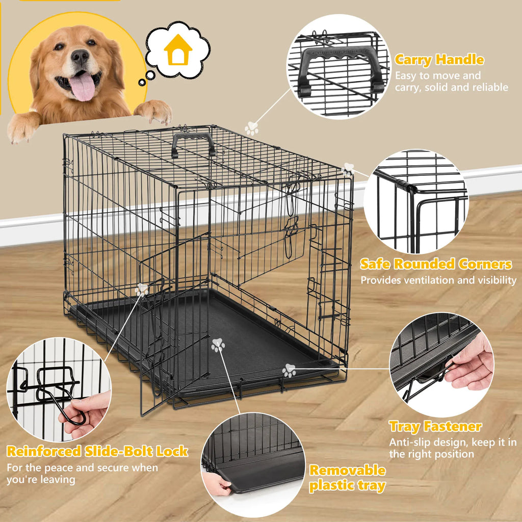 JHK Double Door Folding Metal Wire - Plastic Leak-Proof Pan Tray Extra Large Pet