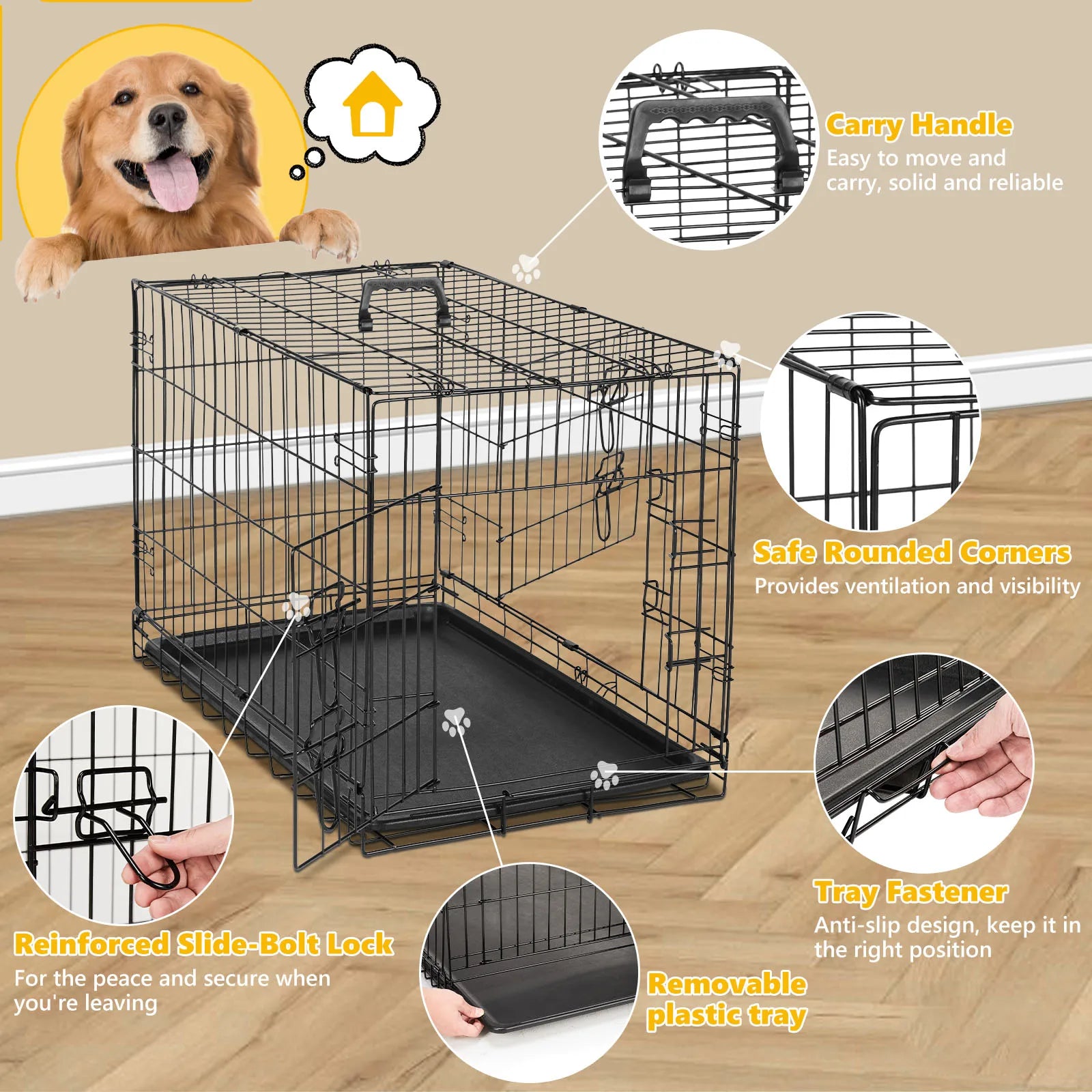 JHK Double Door Folding Metal Wire - Plastic Leak-Proof Pan Tray Extra Large Pet